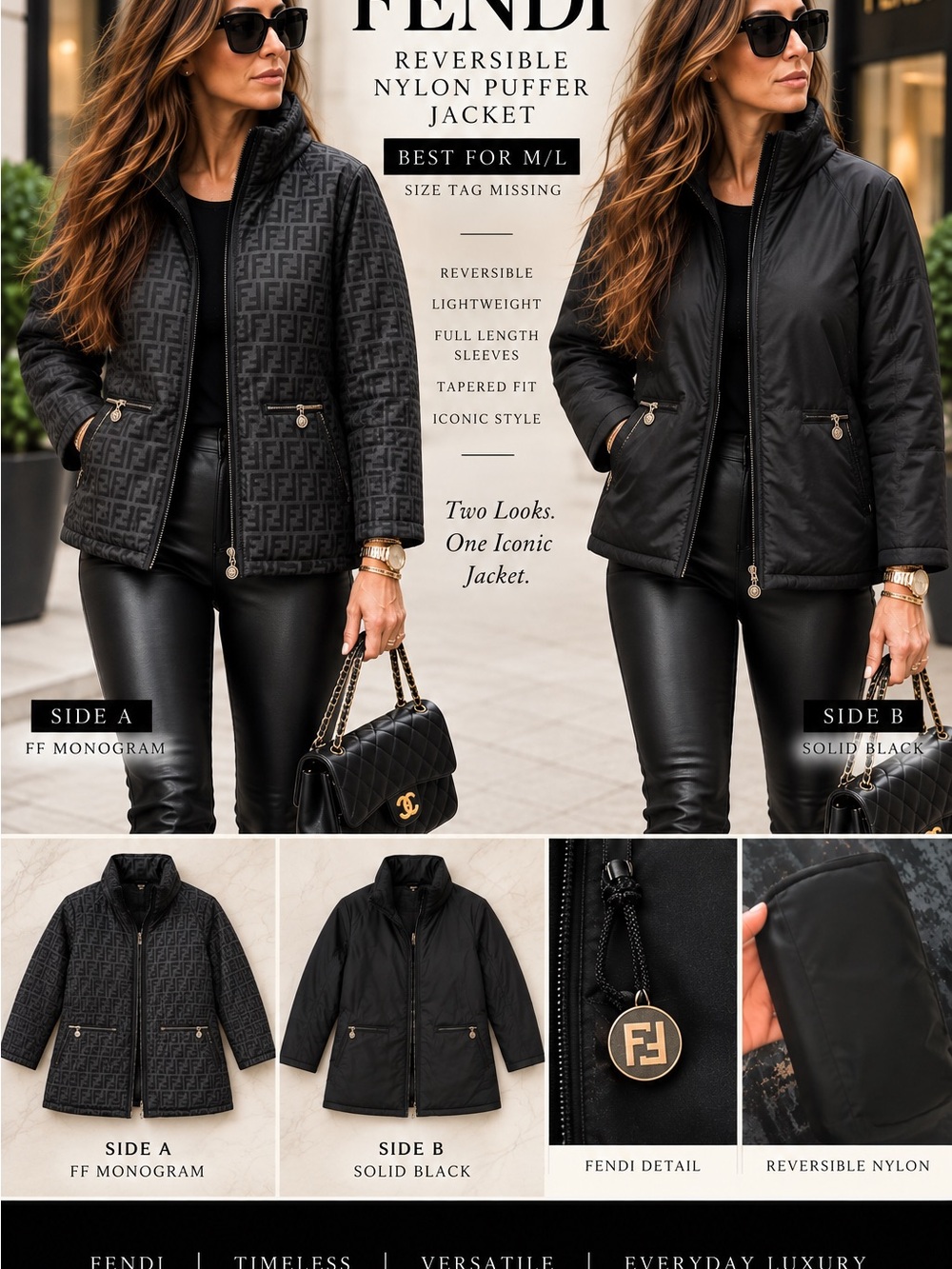 Fendi Reversible Nylon Puffer Jacket - Black/FF Monogram